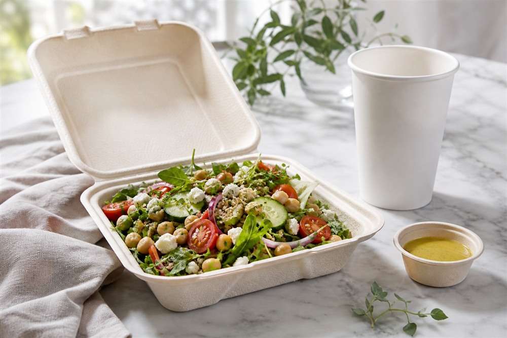 Compostable foodservice packaging with a fresh takeaway meal — a compliant choice that lowers EPR compliance risk