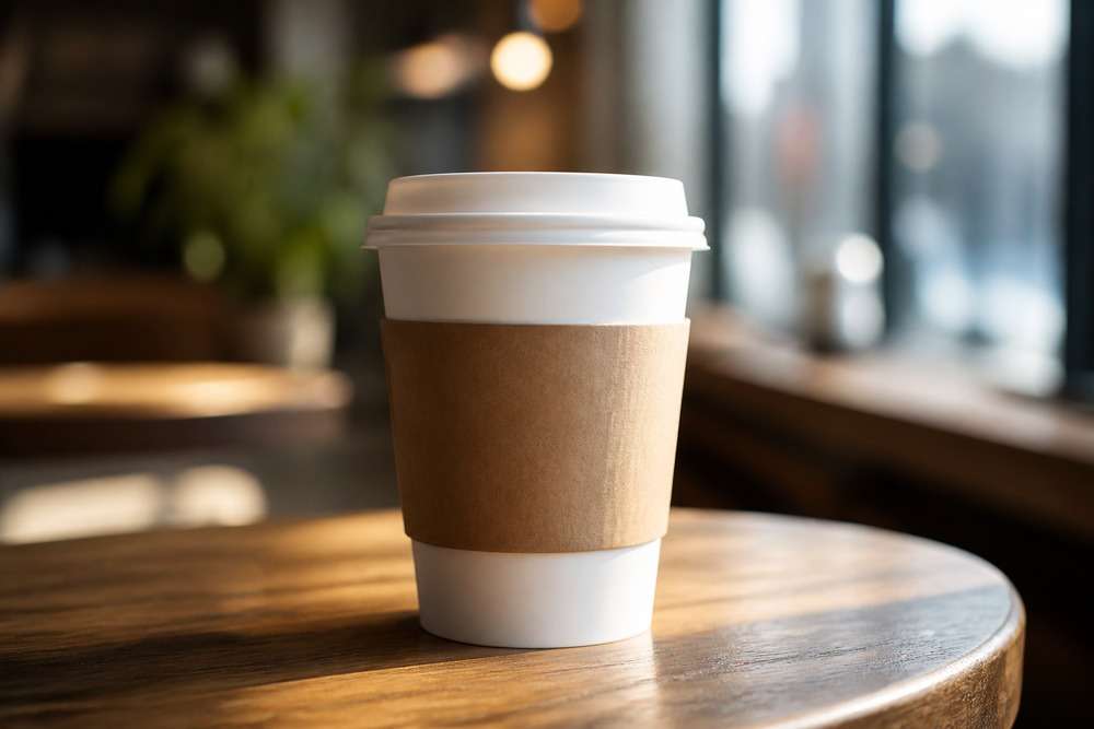 Certified compostable paper coffee cup with kraft sleeve