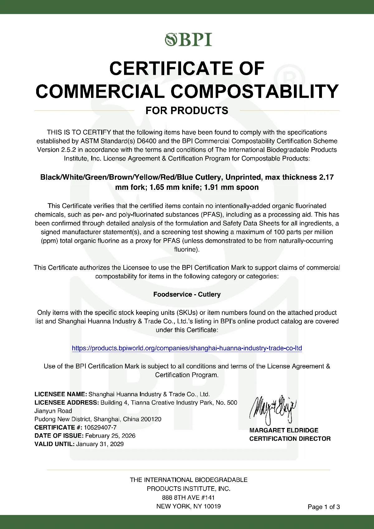 BPI Commercial Compostability Certificate for PLA cutlery
